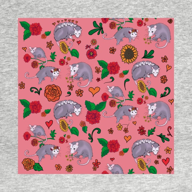 Trash Royalty Salmon Pink Possums With Floral Print Cute Animals With Flowers by JamieWetzel